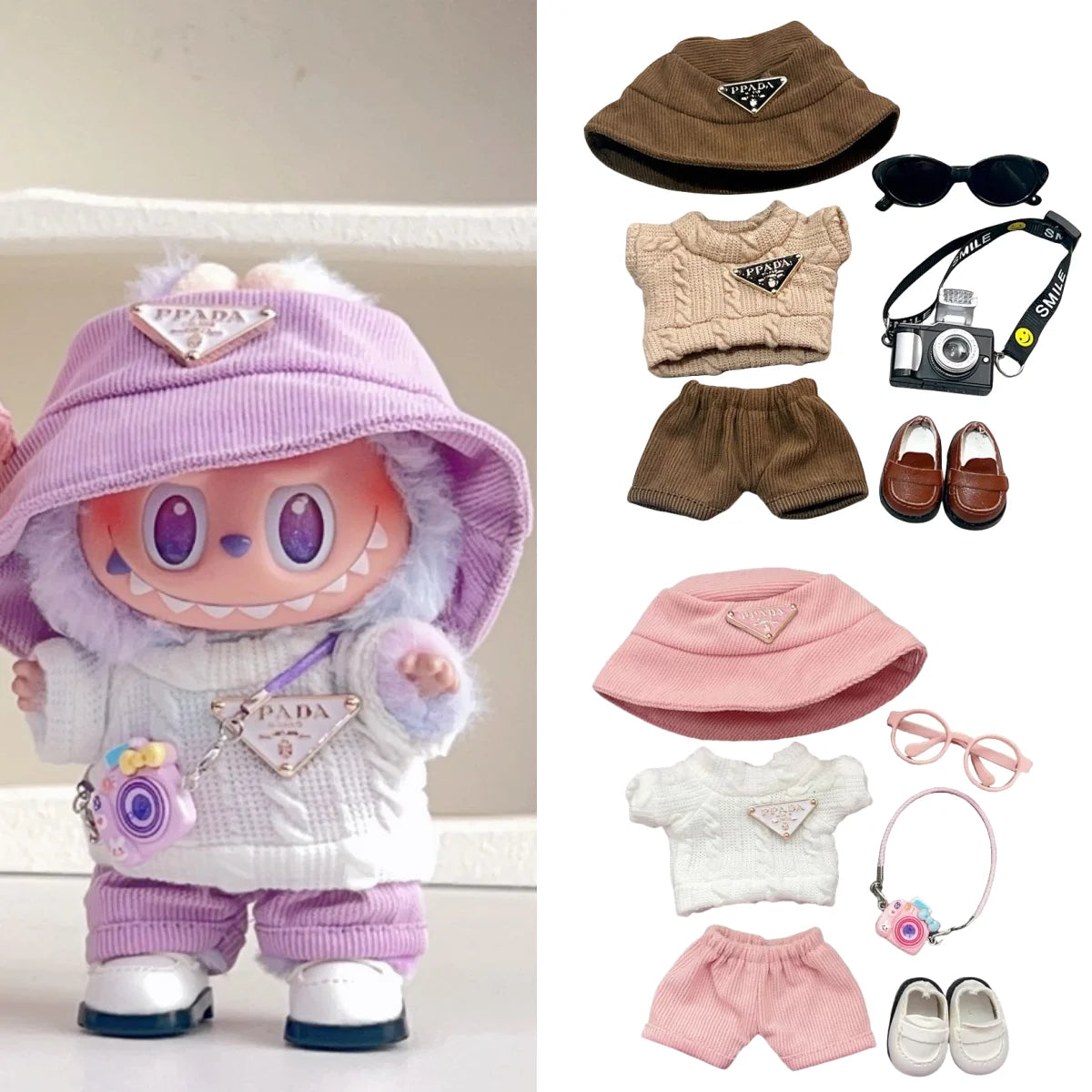 For Labubu first and second generation baby clothes labubu triangle sweater overalls hat set can be worn for sitting parties