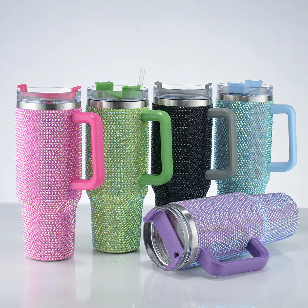 40oz Diamond Thermos Cup with Handle 304 Stainless Steel Vacuum Coffee Insulated Bottle Portable Car Flasks