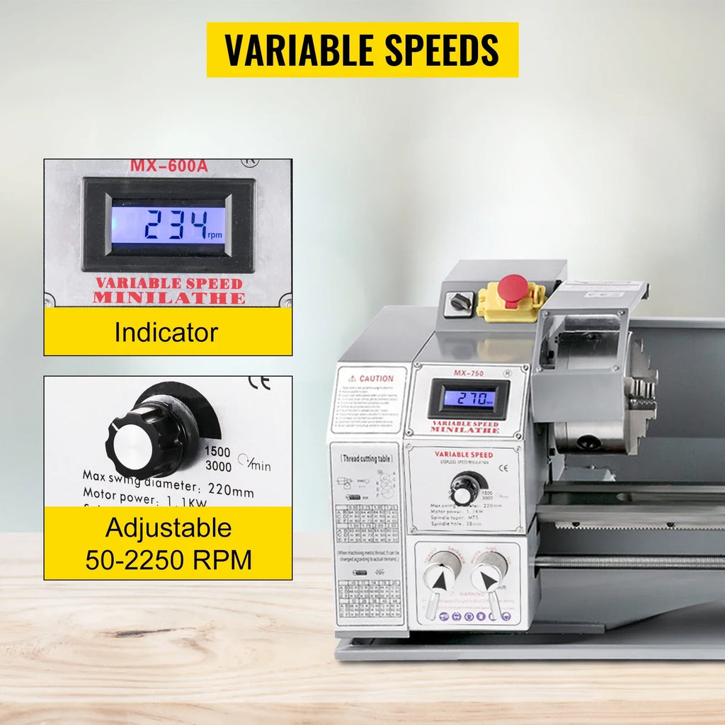 VEVOR Mini Metal Lathe Machine 550W-1100W Variable Speed Large Swing Range for Making Threads Counter Face Turning Driling