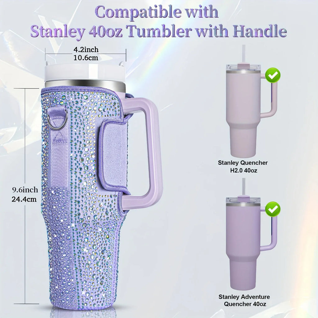 40oz bling shiny rhinestone Water Bottle Bag protecting case For Stanley Quencher Cup Sleeve Strap Pouch
