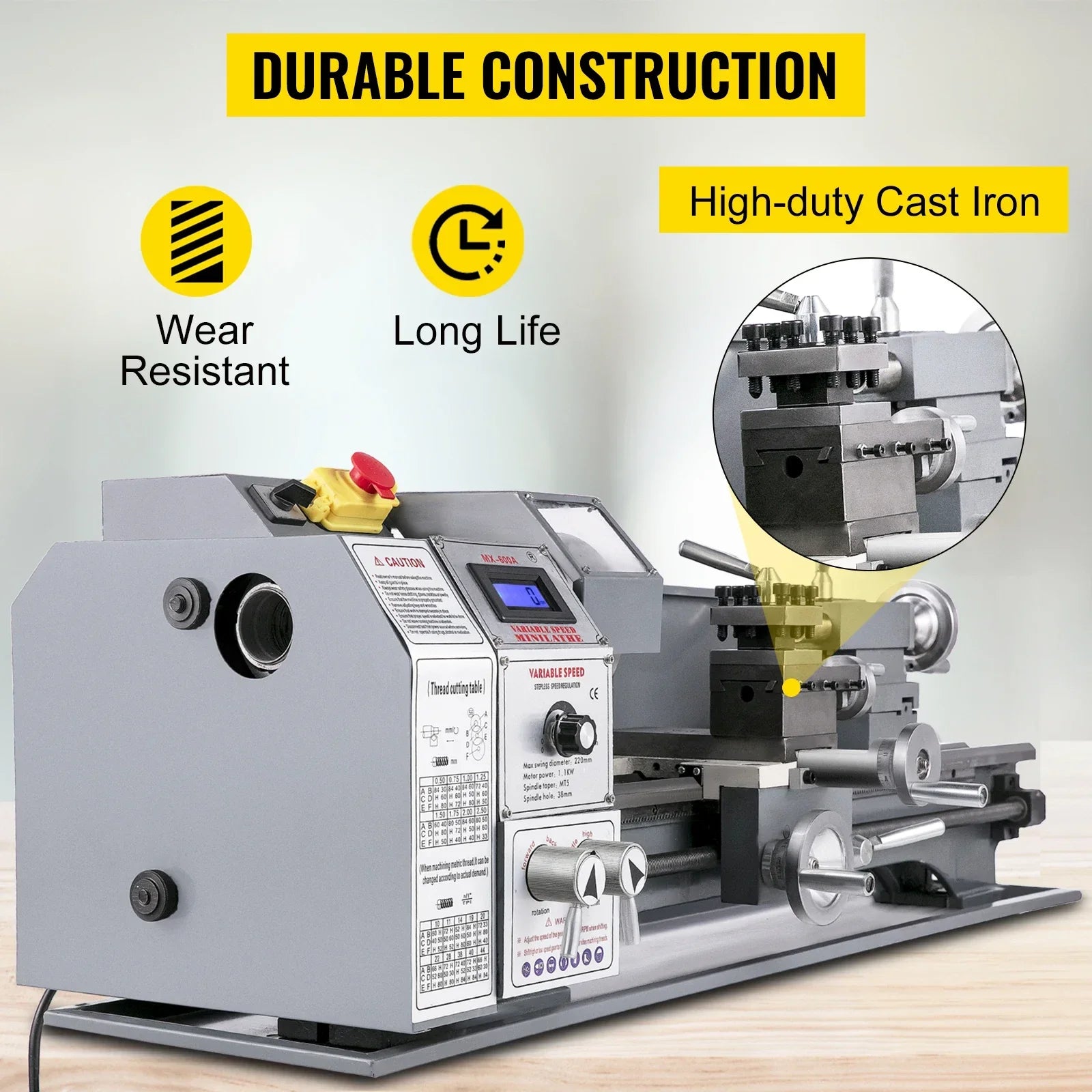 VEVOR Mini Metal Lathe Machine 550W-1100W Variable Speed Large Swing Range for Making Threads Counter Face Turning Driling