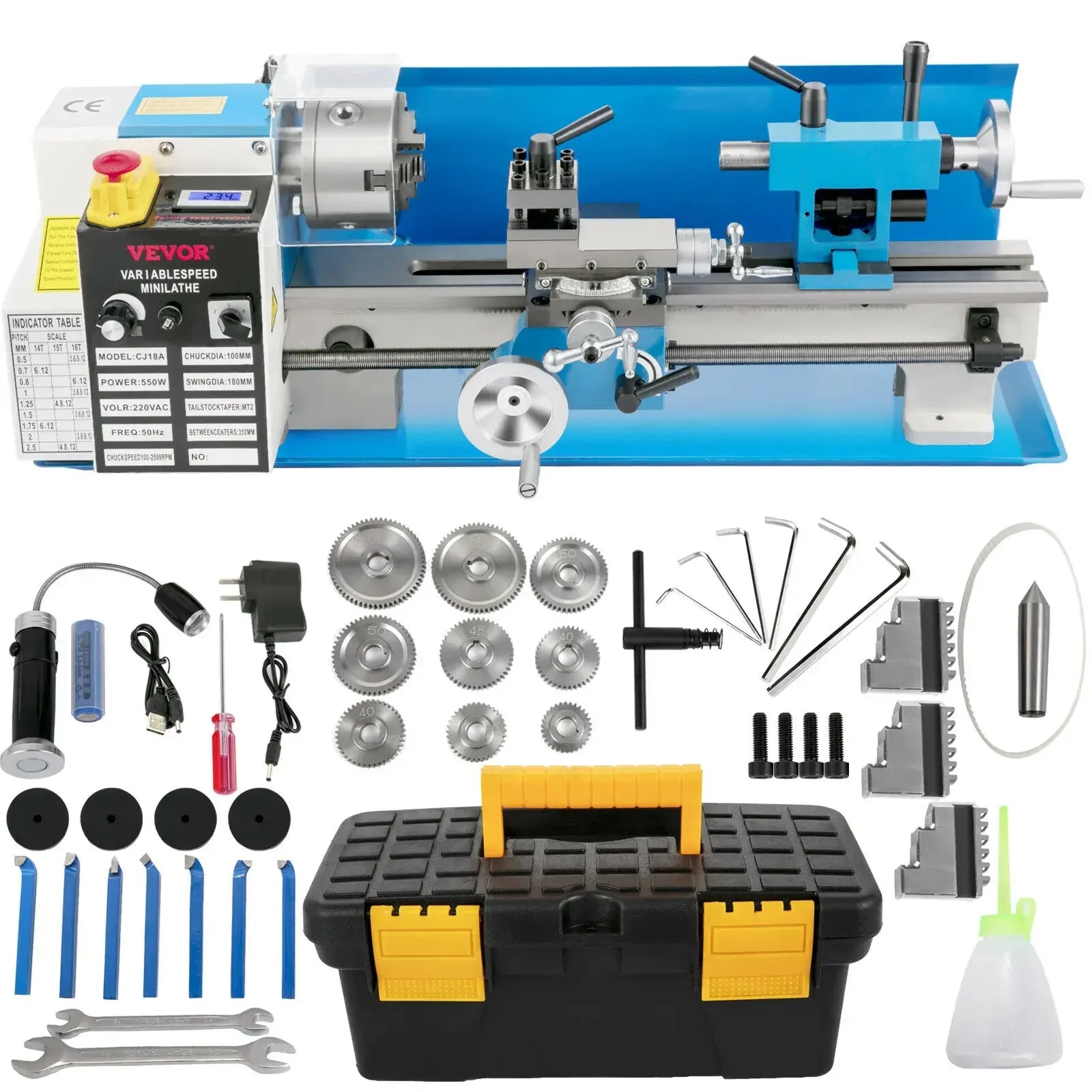 VEVOR Mini Metal Lathe Machine 550W-1100W Variable Speed Large Swing Range for Making Threads Counter Face Turning Driling