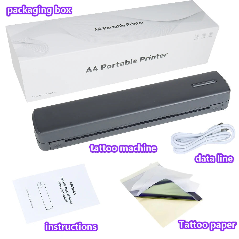 C80 Wireless Tattoo Stencil Printer,Portable A4 Thermal Printer Kit for Tattoo Artists,Compatible with Phone,iPad & PC
