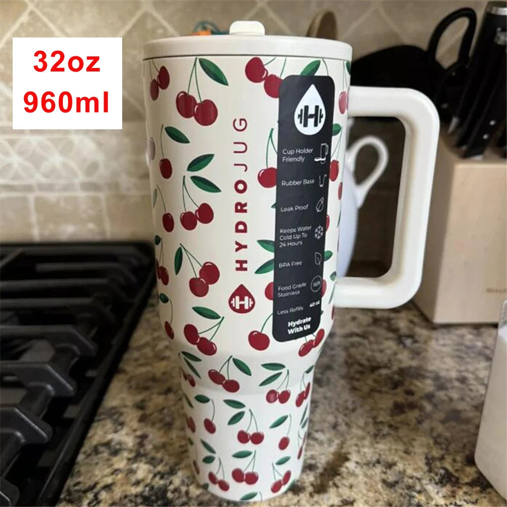 32 40 OZ Iced Coffee Cup Tumbler with Handle Traveler Straw Lid Stainless Steel Vacuum Insulated Car Mug Thermal Bottle Flask