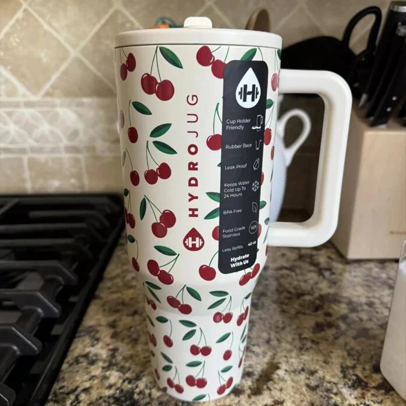 32 40 OZ Iced Coffee Cup Tumbler with Handle Traveler Straw Lid Stainless Steel Vacuum Insulated Car Mug Thermal Bottle Flask