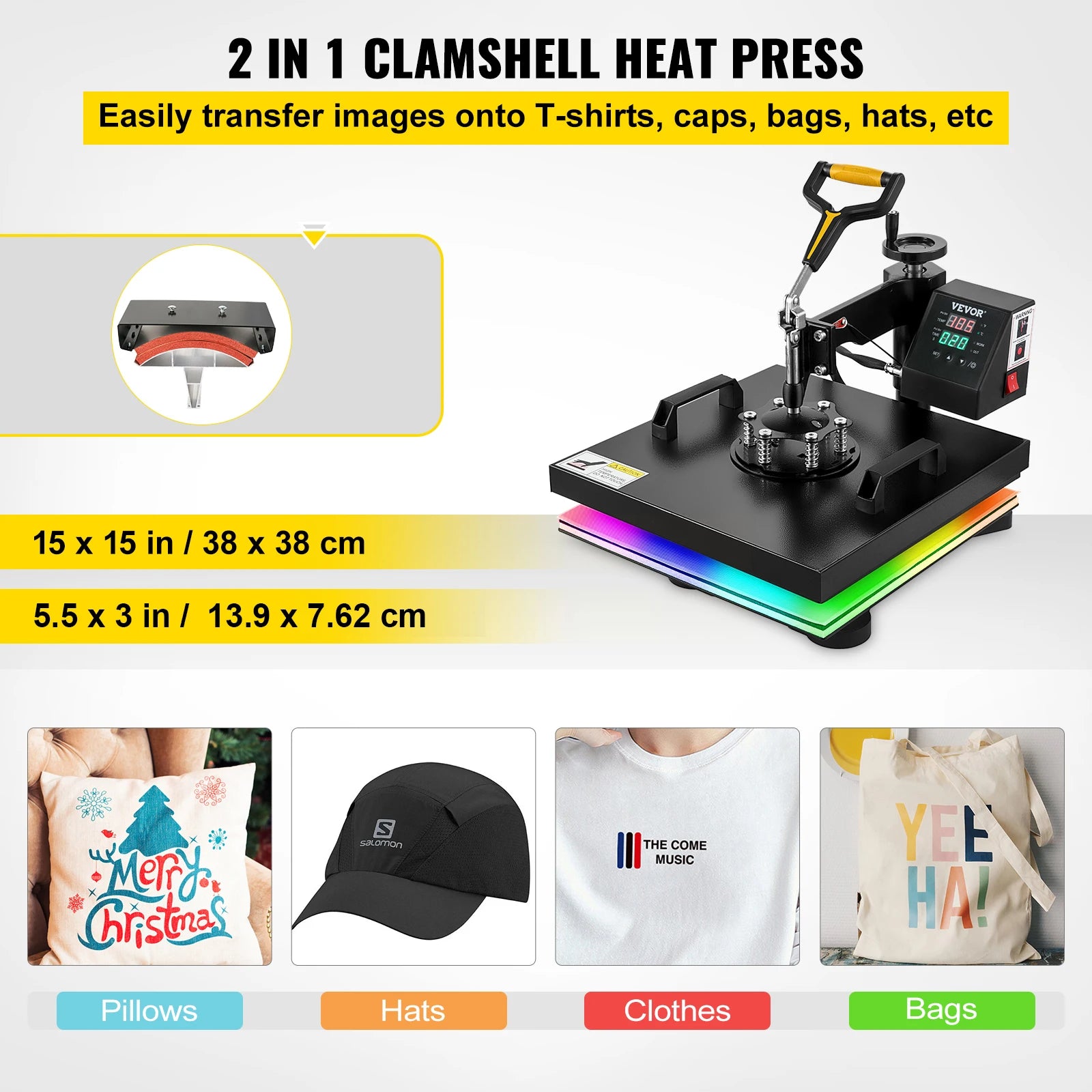 SucceBuy 2In1 Heat Press Machine 38*38CM Multifunctional 360° Swing-Away Digital Sublimation Printer Transfer DIY T-shirt Cap