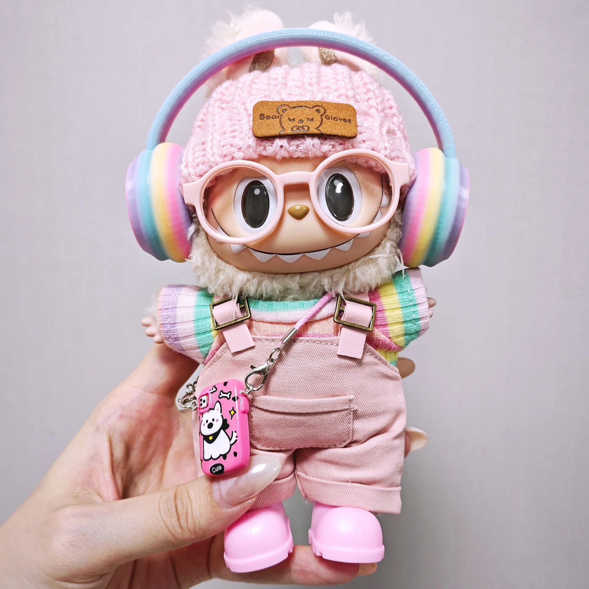 labubu clothes Pink overalls, colorful headphone sets, rainbow-colored pleated skirt clothing, labubu accessories (no dolls)