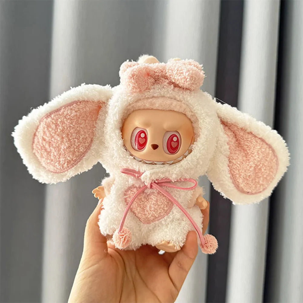 For 17cm/10.5cm Labubu 4.0/3.0 Accessories Doll Clothes Heartbeat Long Eared Furry Rabbit Costume Cartoon Dress Up Labubu Outfit